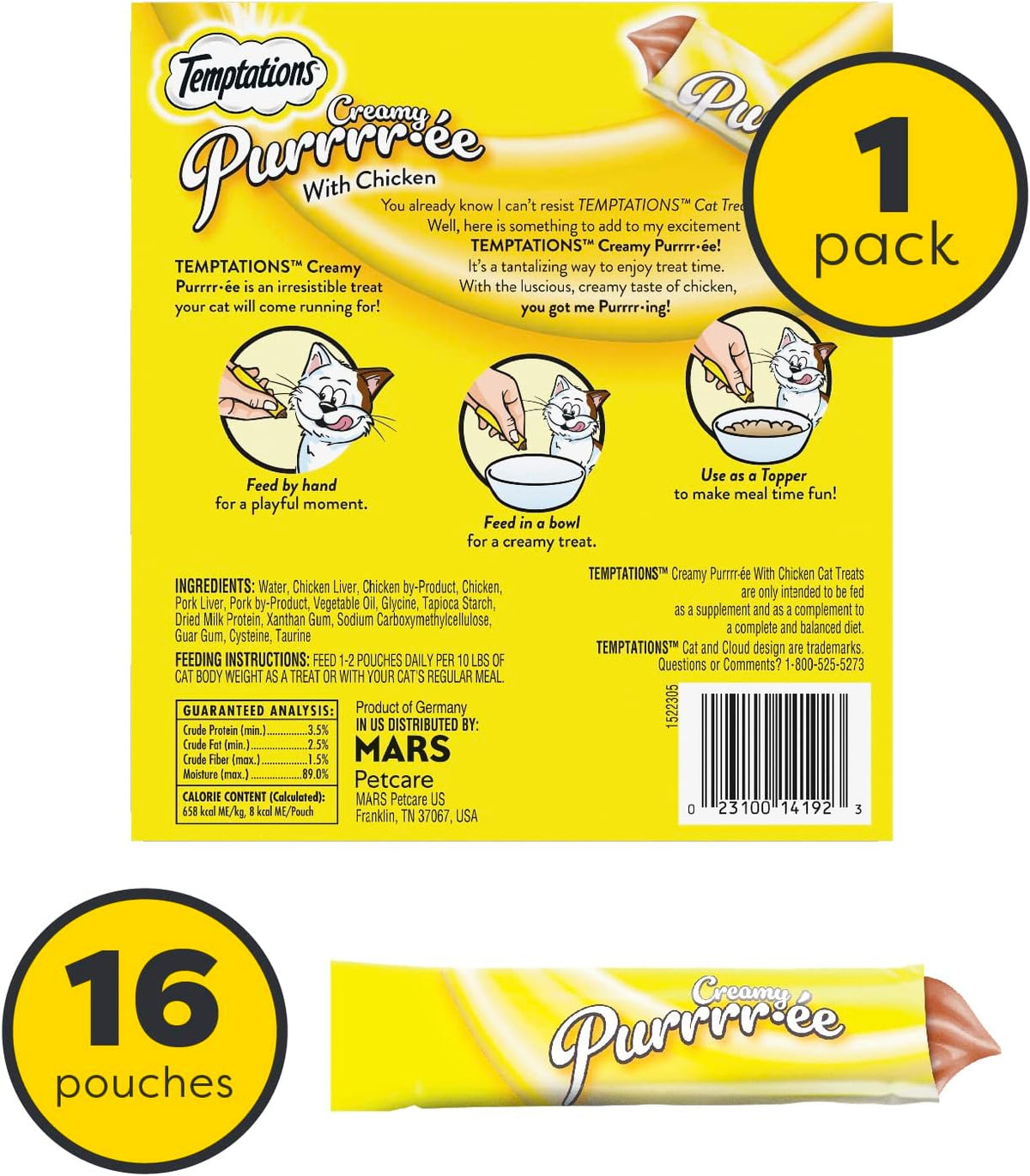 Temptations Creamy Purrrrée with Chicken cat treat packaging on a white background