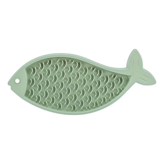 Fish-shaped green silicone mat on a white background
