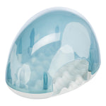 Clear plastic pet carrier with blue tint on a white background