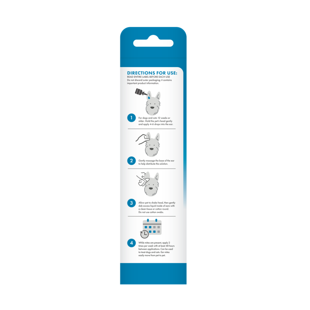 Back label of TropiClean HomeVet Ear Mite Treatment Drops for Dogs & Cats