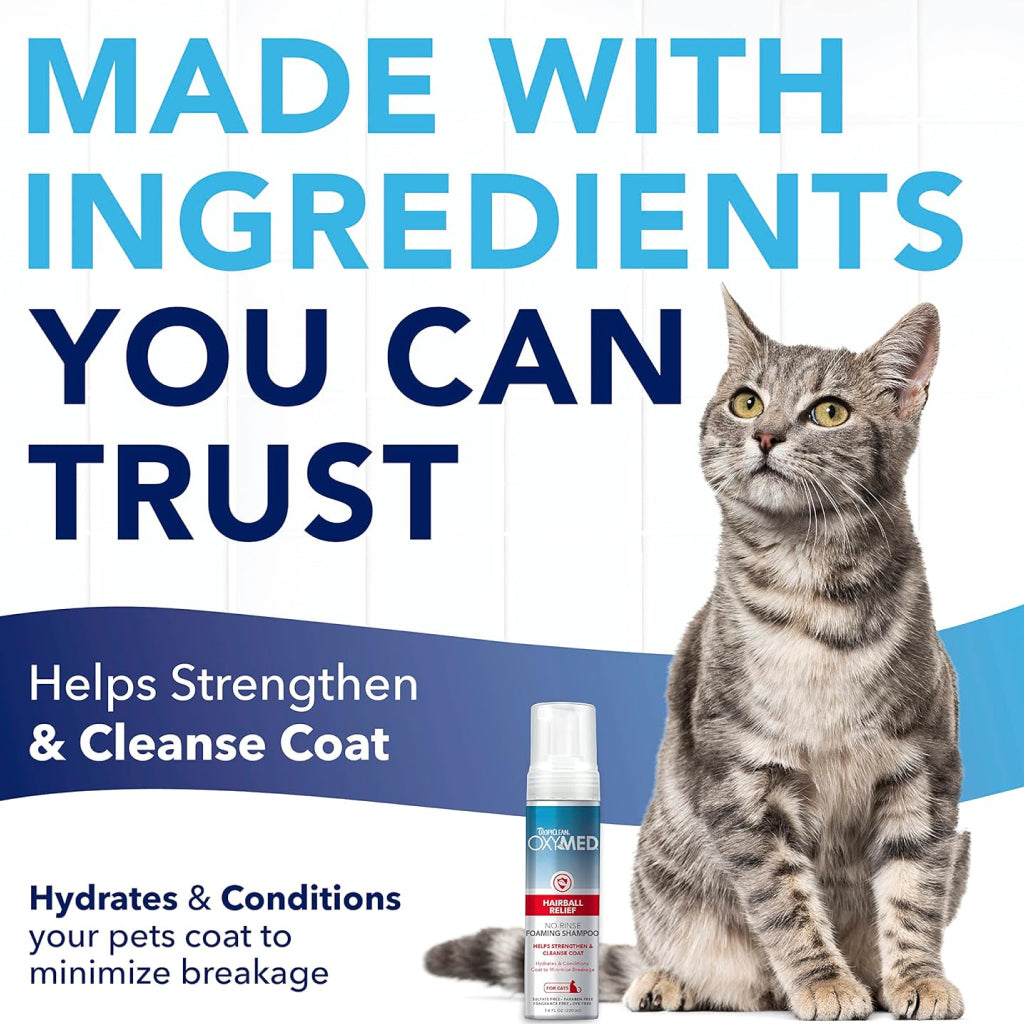 TropiClean OxyMed Hairball Relief No-Rinse Foaming Shampoo for Cats (7.4 oz)