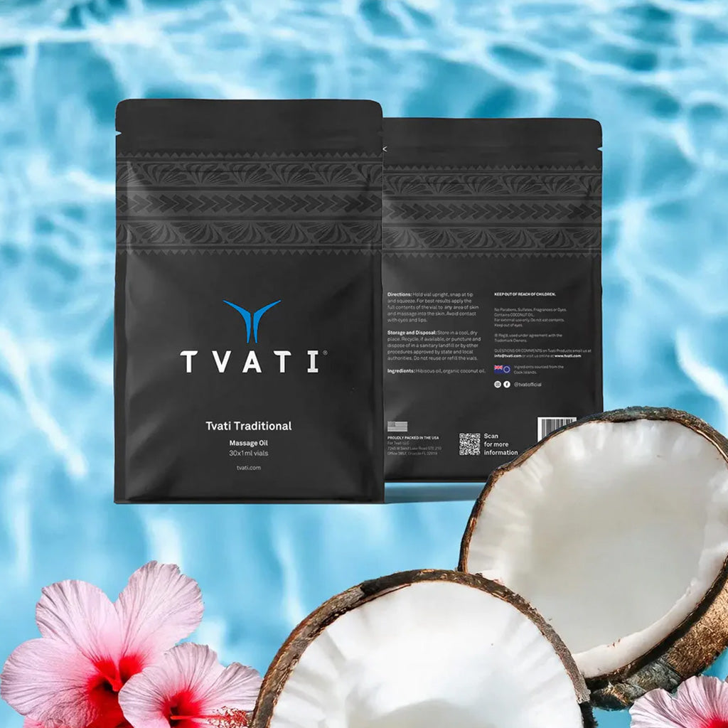 Black TVATI packaging with coconuts and flowers on a blue water background