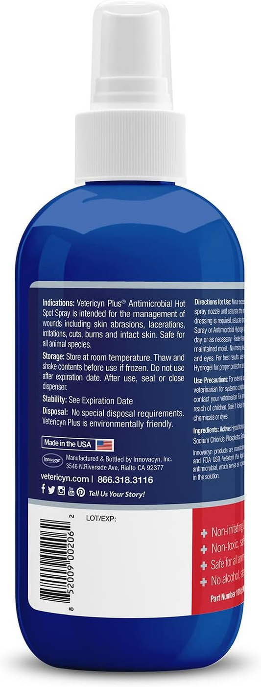 backside of vetericyn plus antimicrobial pet hot spot spray