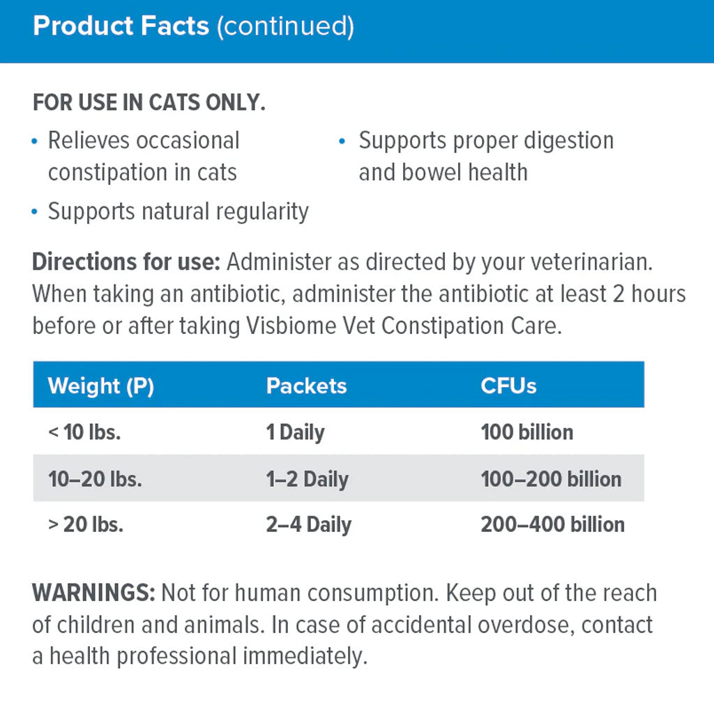 Visbiome Vet High Potency Probiotic Packets Constipation Care for Cats
